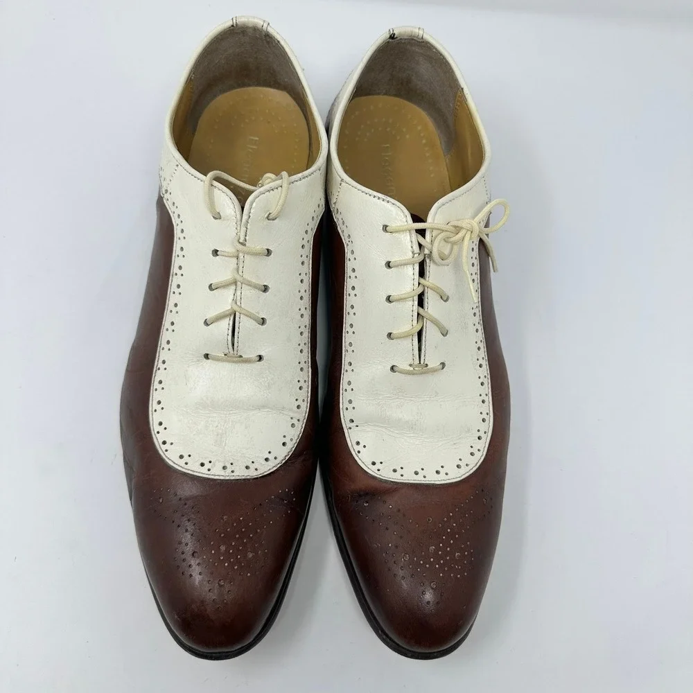 Eleganza Mens 13 Spectator Shoes Brown White Leather Two Tone Oxfords EZ1504